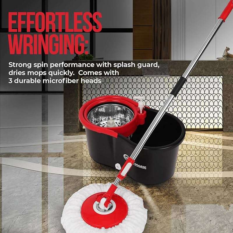 Simpli-Magic 360° Spin Mop and Bucket with Wringer – 3 High-Absorbent Microfiber Washable Heads – Spinning Mop and Bucket Set for All Types Floor Cleaning (Black) - Image 6