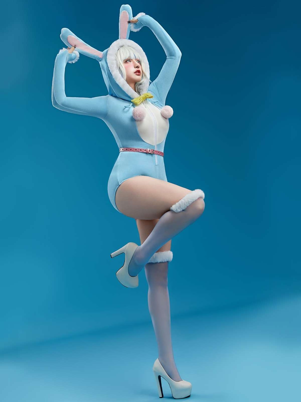 Mobbunny Women Easter Bunny Costume Blue Rabbit Romper Onesie Plush Pajama Bodysuit Fluffy Hooded Jumpsuit with Tail - Image 2