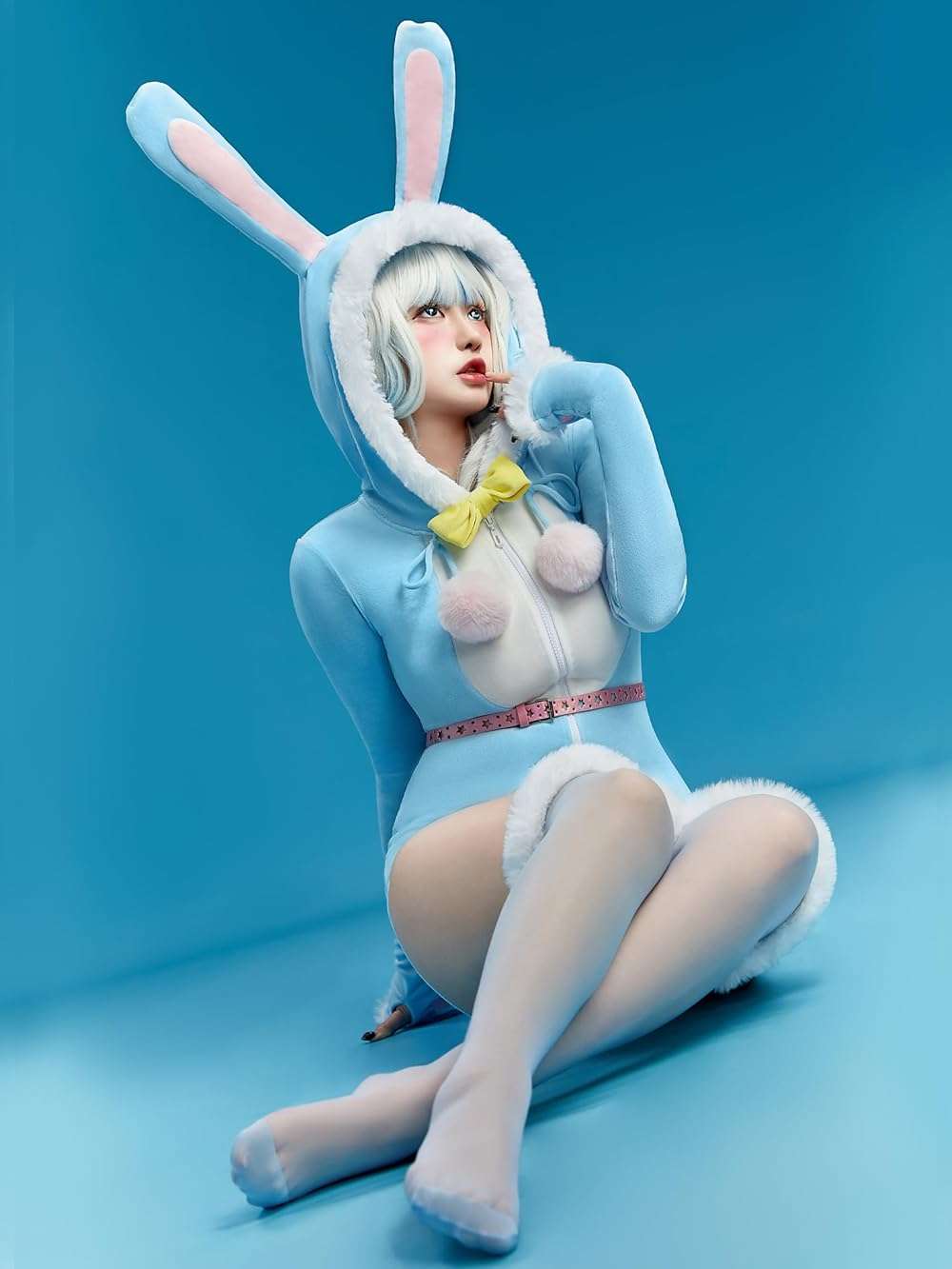 Mobbunny Women Easter Bunny Costume Blue Rabbit Romper Onesie Plush Pajama Bodysuit Fluffy Hooded Jumpsuit with Tail - Image 3