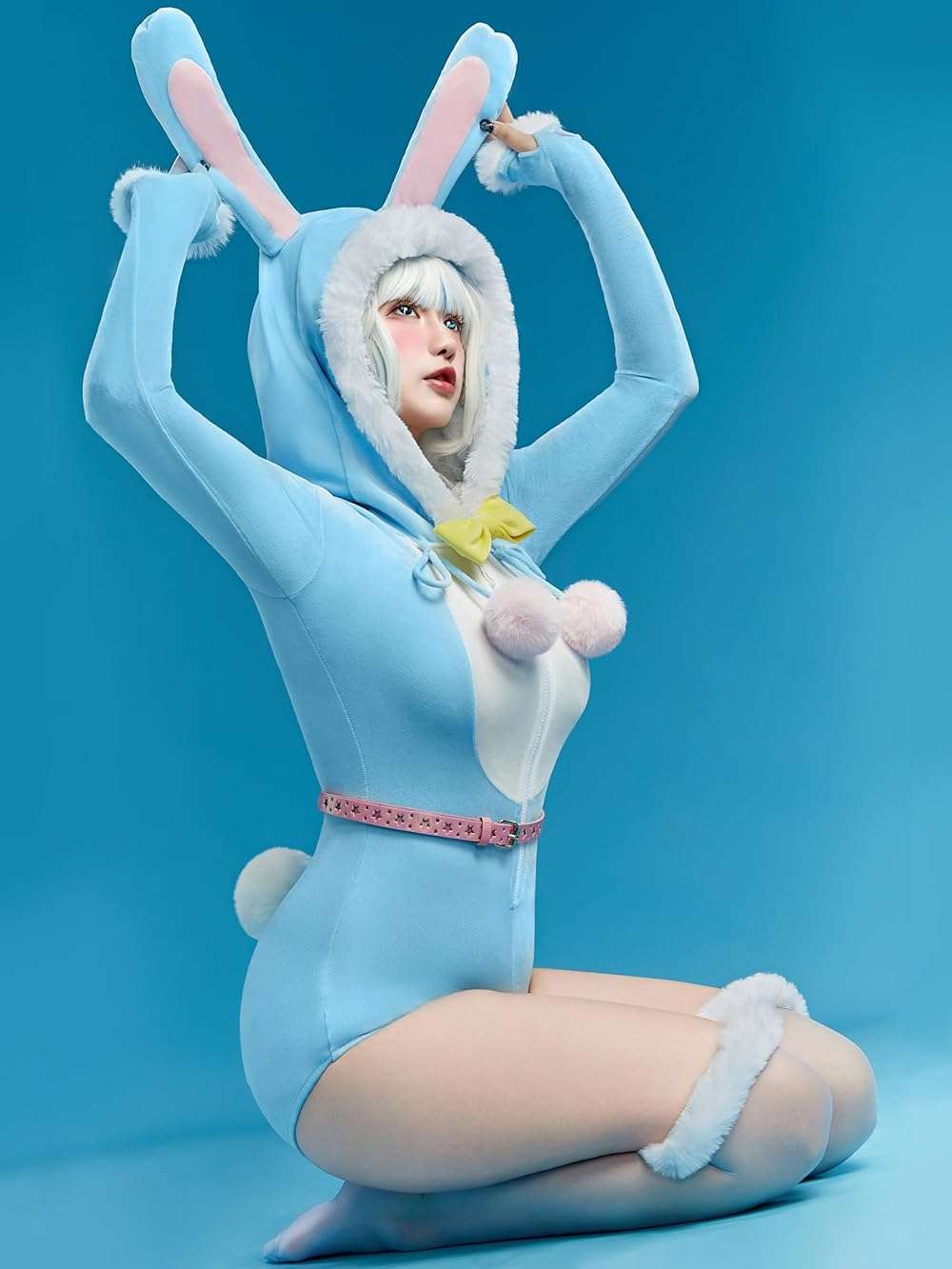 Mobbunny Women Easter Bunny Costume Blue Rabbit Romper Onesie Plush Pajama Bodysuit Fluffy Hooded Jumpsuit with Tail - Image 4