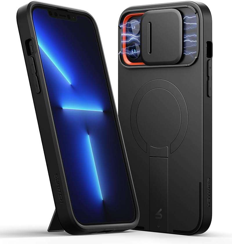 SURITCH for iPhone 13 Pro Max/12 Pro Max Case with Magnetic Camera Slide Cover and Adjustable Kickstand, Compatible with MagSafe, Shockproof Bumper Case Slim Protective Cover 6.7 Inch, Black - Image 1
