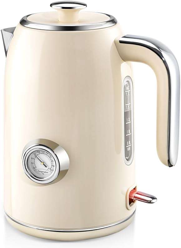 PUKOMC Electric Kettle, 1.7L Stainless Steel Tea Kettle with Temperature Gauge, 1500W Water Boiler with LED Light, BPA-Free, Auto Shut-Off and Boil-Dry Protection (Beige) Visit the Pukomc Store - Image 1