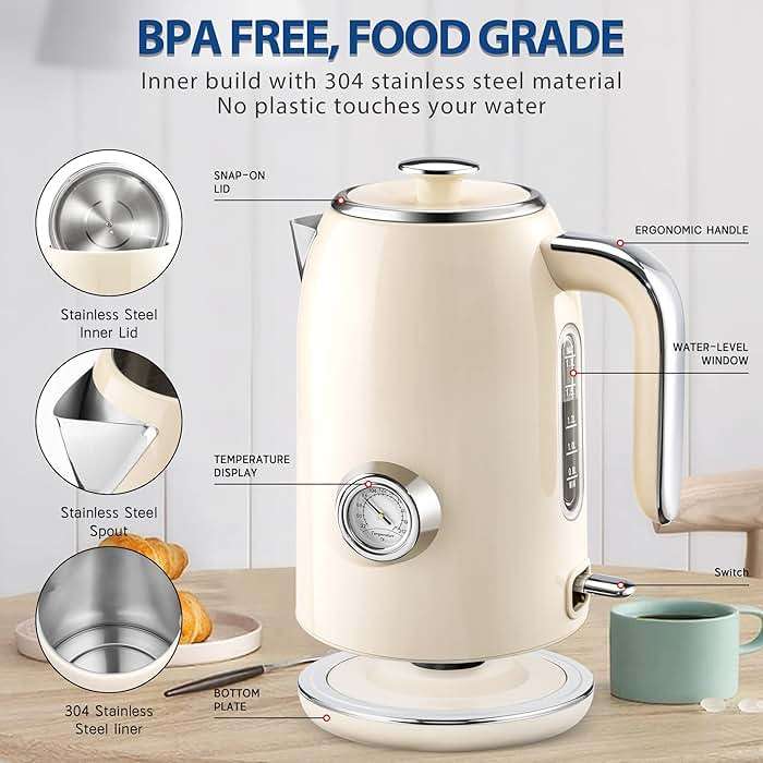 PUKOMC Electric Kettle, 1.7L Stainless Steel Tea Kettle with Temperature Gauge, 1500W Water Boiler with LED Light, BPA-Free, Auto Shut-Off and Boil-Dry Protection (Beige) Visit the Pukomc Store - Image 3