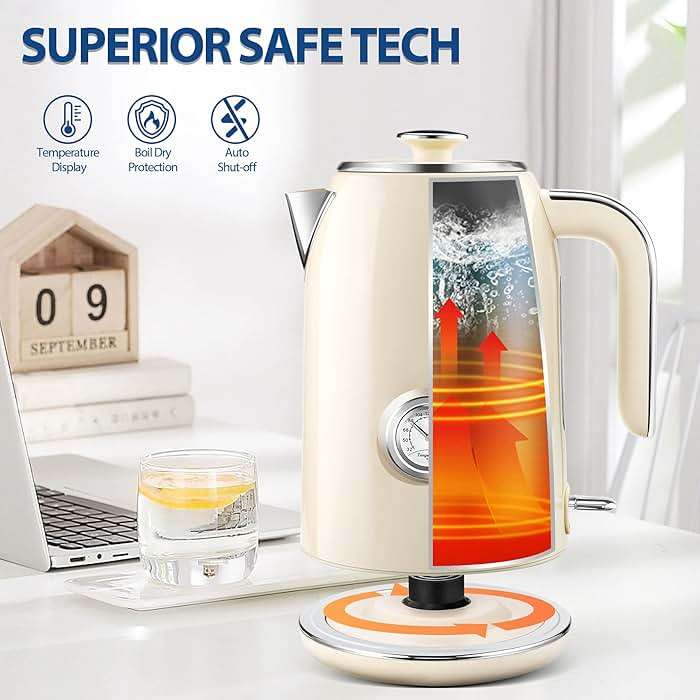 PUKOMC Electric Kettle, 1.7L Stainless Steel Tea Kettle with Temperature Gauge, 1500W Water Boiler with LED Light, BPA-Free, Auto Shut-Off and Boil-Dry Protection (Beige) Visit the Pukomc Store - Image 6