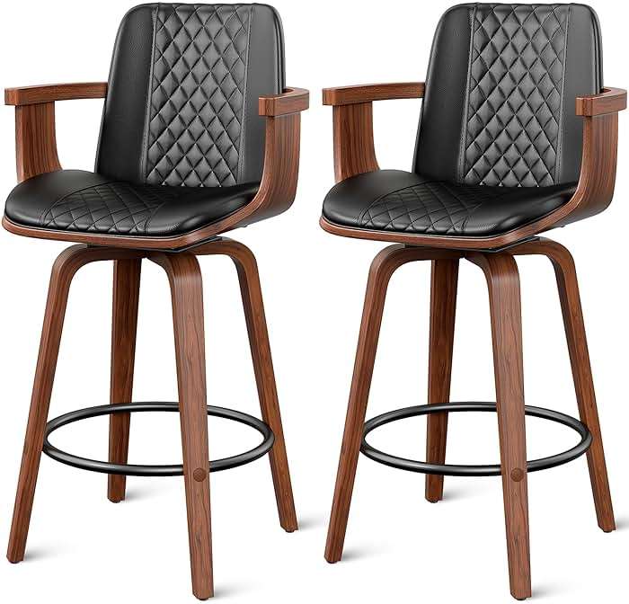 YaFiti Bar Stools with Arms Set of 2, 26 inch Bentwood Swivel Counter Height Bar Stools with Back and Wood Legs, Modern PU Leather Upholstered Bar Chairs for Kitchen Island, Black - Image 1