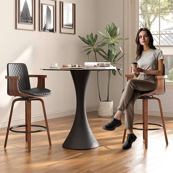 YaFiti Bar Stools with Arms Set of 2, 26 inch Bentwood Swivel Counter Height Bar Stools with Back and Wood Legs, Modern PU Leather Upholstered Bar Chairs for Kitchen Island, Black - Image 2