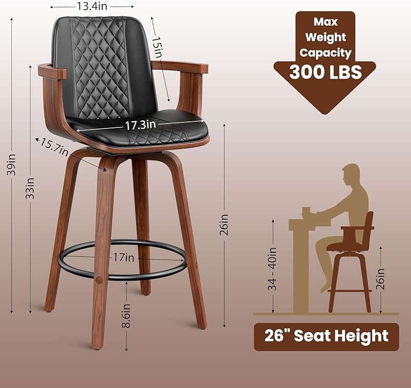 YaFiti Bar Stools with Arms Set of 2, 26 inch Bentwood Swivel Counter Height Bar Stools with Back and Wood Legs, Modern PU Leather Upholstered Bar Chairs for Kitchen Island, Black - Image 3