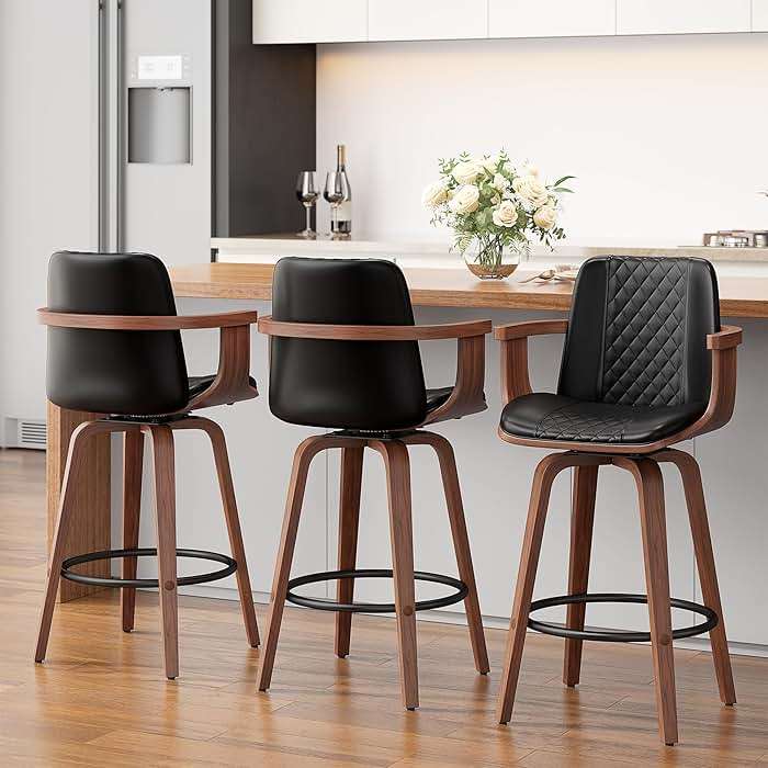 YaFiti Bar Stools with Arms Set of 2, 26 inch Bentwood Swivel Counter Height Bar Stools with Back and Wood Legs, Modern PU Leather Upholstered Bar Chairs for Kitchen Island, Black - Image 4