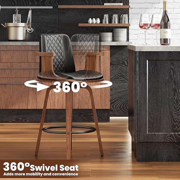 YaFiti Bar Stools with Arms Set of 2, 26 inch Bentwood Swivel Counter Height Bar Stools with Back and Wood Legs, Modern PU Leather Upholstered Bar Chairs for Kitchen Island, Black - Image 6