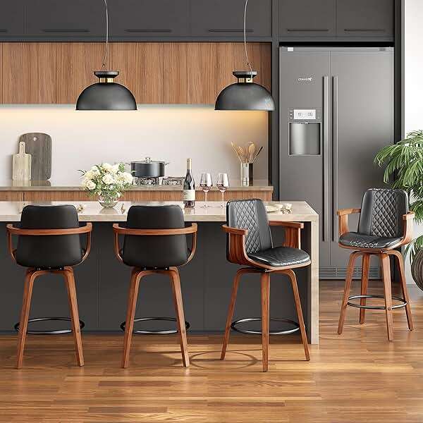 YaFiti Bar Stools with Arms Set of 2, 26 inch Bentwood Swivel Counter Height Bar Stools with Back and Wood Legs, Modern PU Leather Upholstered Bar Chairs for Kitchen Island, Black - Image 9