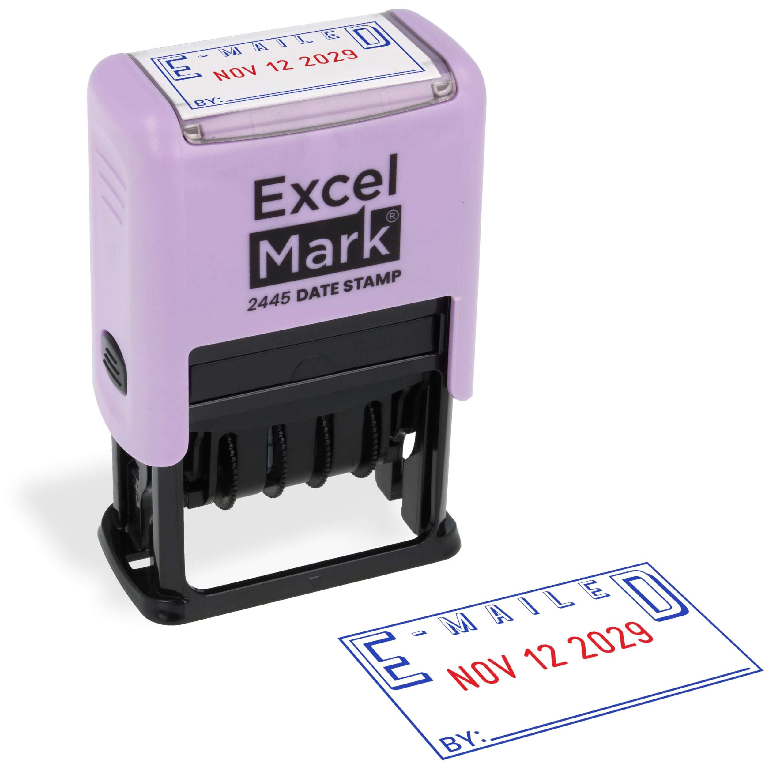 ExcelMark 2445 Date Stamp with Text - Blue and Red Ink (Violet Mount, Emailed) - Image 1