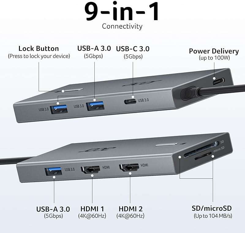 Acer USB C Docking Station Dual Monitor With 2 HDMI, 9-IN-1 Laptop Docking Station with 4K@60Hz HDMI, USB A&C 3.0, SD/Micro SD, 100W PD, USBC Dock Compatible with Acer/Dell XPS/HP/Mac/Surface (0.65FT) - Image 2