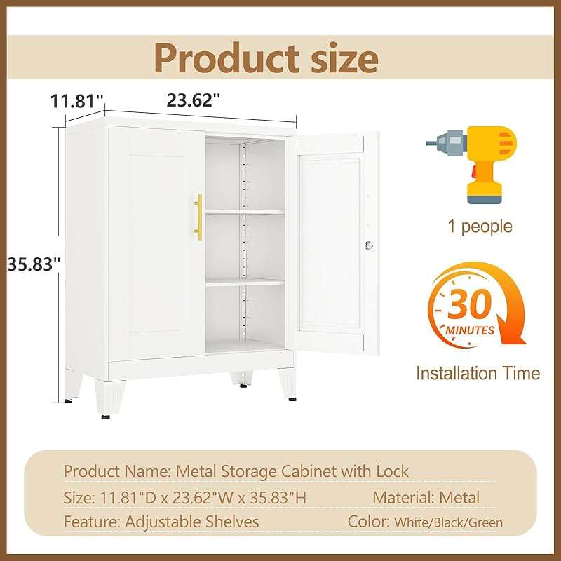 GAIOUS 36" White Floor Storage Cabinet, Locked Metal Storage Cabinets with 2 Doors and 2 Adjustable Shelves, Sideboard Buffet Cabient, Freestanding Cabinet for Home/Office/Garage/Tool Room/Bathroom - Image 3