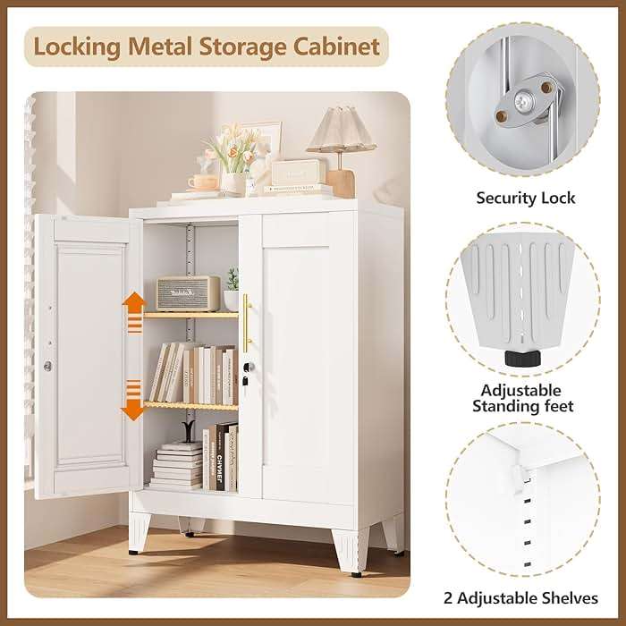 GAIOUS 36" White Floor Storage Cabinet, Locked Metal Storage Cabinets with 2 Doors and 2 Adjustable Shelves, Sideboard Buffet Cabient, Freestanding Cabinet for Home/Office/Garage/Tool Room/Bathroom - Image 8