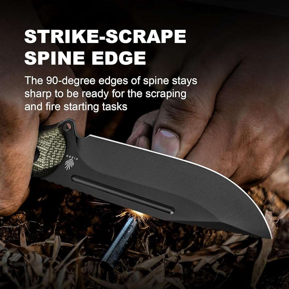 Kizer Ursa Major Fixed Blade Knife, 4.43" D2 Blade Hunting Survival Knives with Ergonomic Green Micarta Handle, Full Tang Camping Knives with Sheath & Hexagon Hole for Outdoor Activities, 1082M1 - Image 3