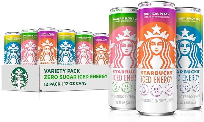 Starbucks Iced Energy Drink, 3 Flavor Variety Pack (Tropical Peach, Watermelon Splash, Blueberry Lemonade), Zero Sugar Energy Drink, Plant Based Caffeine, Hydration, Mental Clarity, 12x12 Fl Oz Cans - Image 1