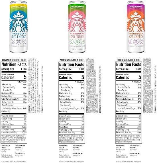 Starbucks Iced Energy Drink, 3 Flavor Variety Pack (Tropical Peach, Watermelon Splash, Blueberry Lemonade), Zero Sugar Energy Drink, Plant Based Caffeine, Hydration, Mental Clarity, 12x12 Fl Oz Cans - Image 2