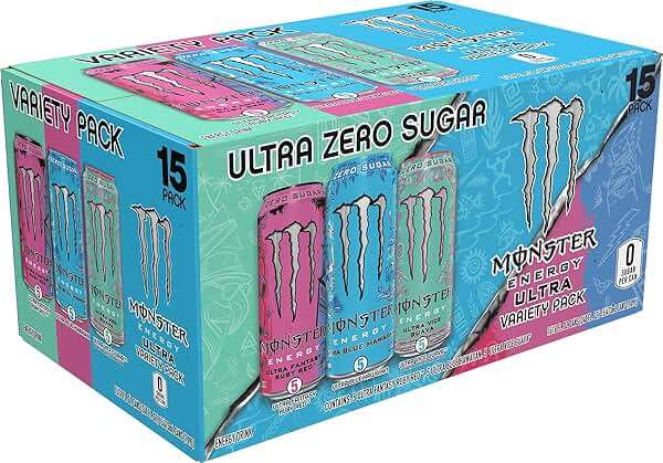 Monster Energy Ultra Variety Pack, Blue Hawaiian, Vice Guava, Fantasy Ruby Red, Sugar Free Energy Drink, 16 Ounce Can (Pack of 15) - Image 2