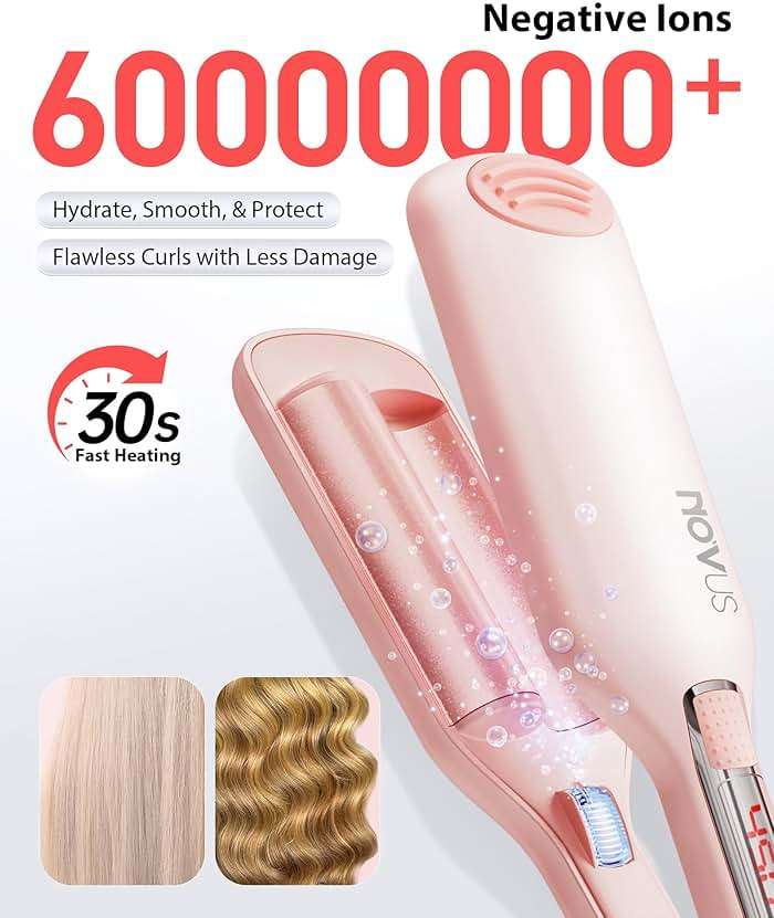 NOVUS Beach Waves Curling Iron, Ionic 2 Barrel Hair Crimper Wand for Women, Ceramic Anti-Scald Waver with Adjustable Heat, 1.1 Inch Pink, Easy to Use for Long-Lasting Shiny Curls - Image 2