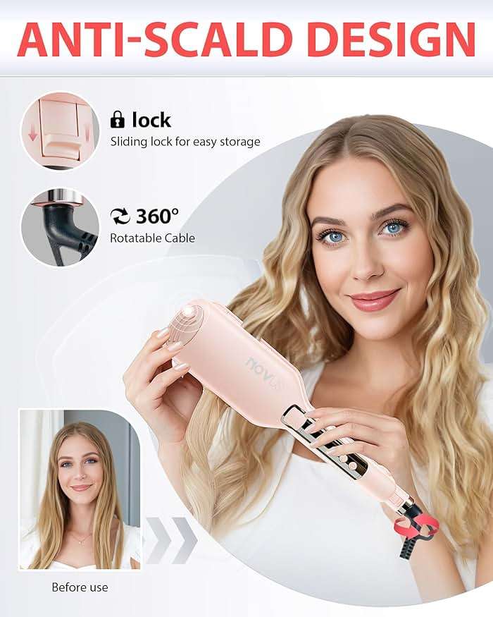 NOVUS Beach Waves Curling Iron, Ionic 2 Barrel Hair Crimper Wand for Women, Ceramic Anti-Scald Waver with Adjustable Heat, 1.1 Inch Pink, Easy to Use for Long-Lasting Shiny Curls - Image 3