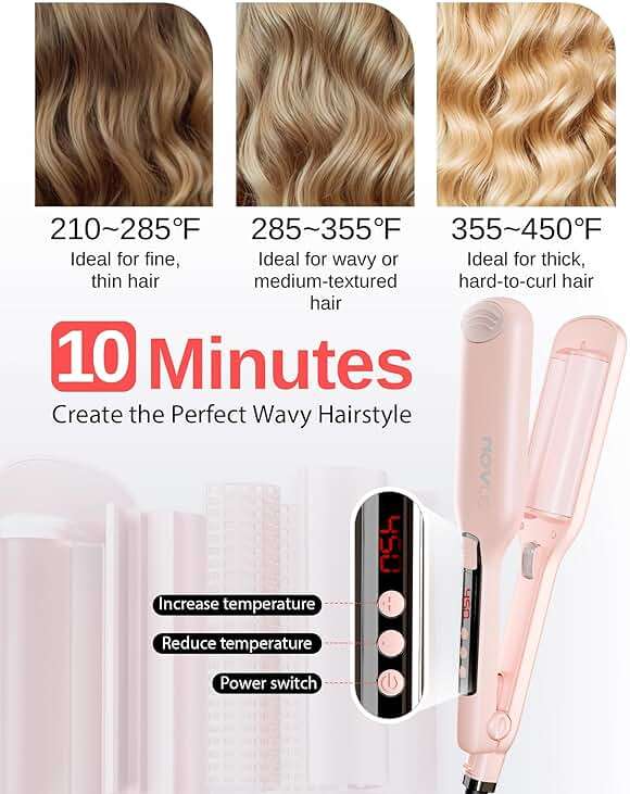 NOVUS Beach Waves Curling Iron, Ionic 2 Barrel Hair Crimper Wand for Women, Ceramic Anti-Scald Waver with Adjustable Heat, 1.1 Inch Pink, Easy to Use for Long-Lasting Shiny Curls - Image 5