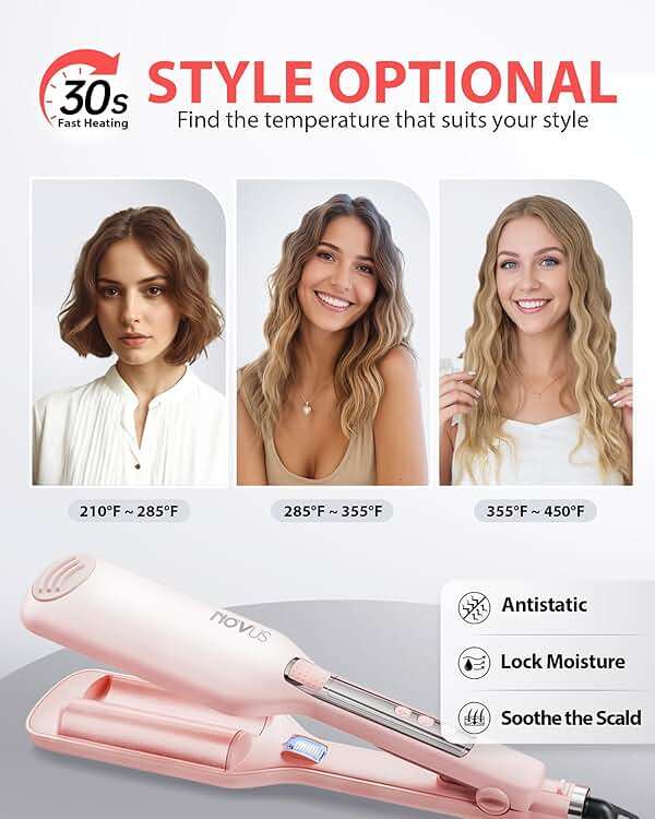 NOVUS Beach Waves Curling Iron, Ionic 2 Barrel Hair Crimper Wand for Women, Ceramic Anti-Scald Waver with Adjustable Heat, 1.1 Inch Pink, Easy to Use for Long-Lasting Shiny Curls - Image 6