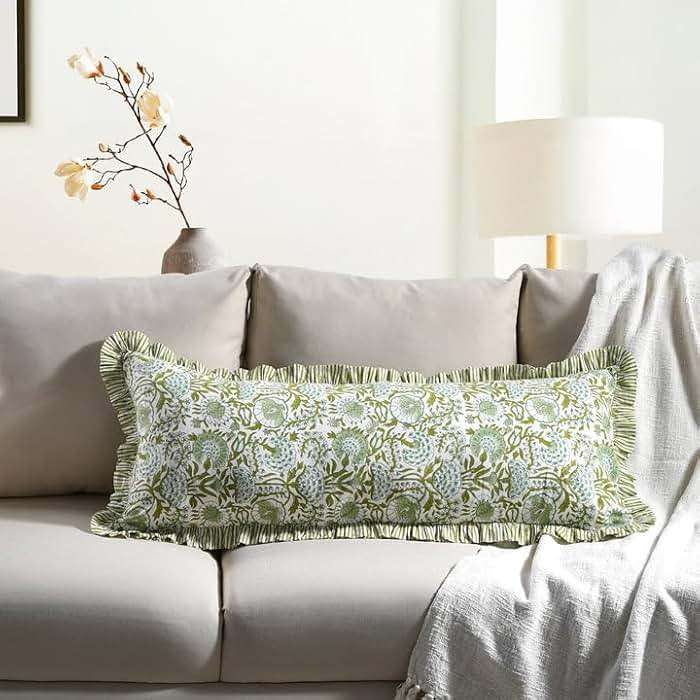 CPC Hand Block Print Agate Green Ruffle Sham Pillow Cover 36" x 14" inch Hidden Zipper Decorative Pillowcase for Couch, Bed, Sofa, Farmhouse, Cottagecore Decor Gift Spring, Mother's Day - Image 1
