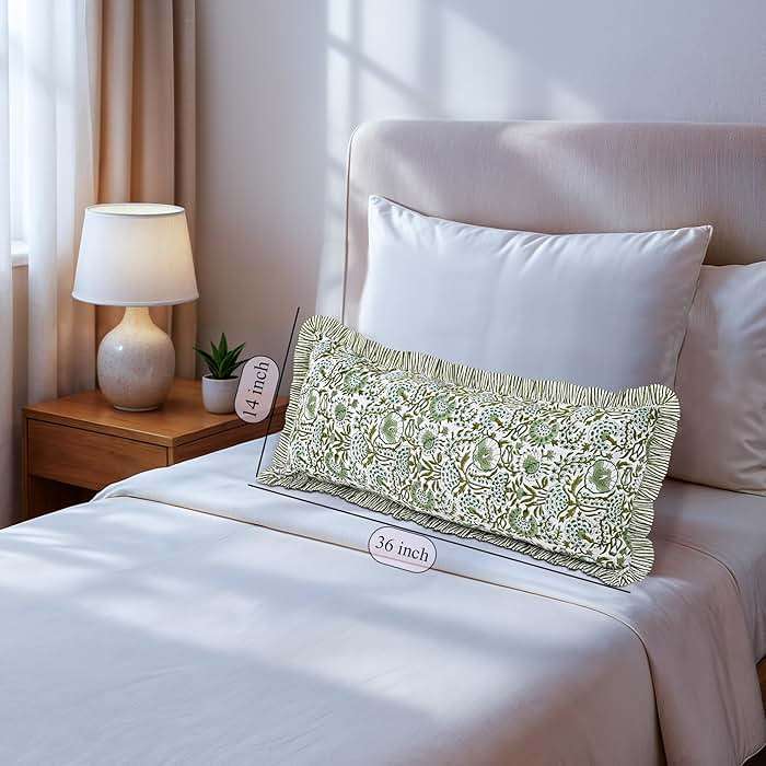 CPC Hand Block Print Agate Green Ruffle Sham Pillow Cover 36" x 14" inch Hidden Zipper Decorative Pillowcase for Couch, Bed, Sofa, Farmhouse, Cottagecore Decor Gift Spring, Mother's Day - Image 8