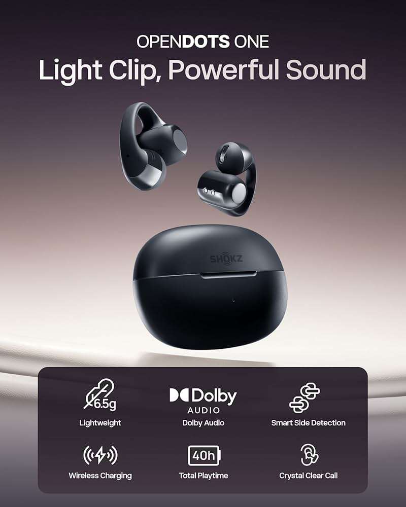 SHOKZ OpenDots ONE-Open-Ear Headphones, Clip-On Earbuds-Wireless Bluetooth Earbuds with Microphone-Secure, Lightweight, Comfort-Premium Dolby Audio-Water Resistant-Fast Charging-Up to 40 hrs Playtime - Image 2