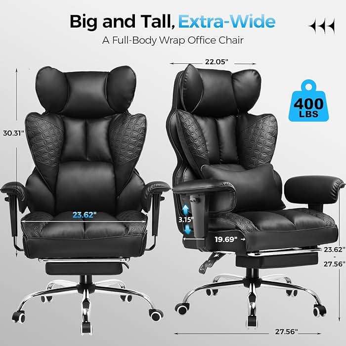 COMHOMA Big and Tall Office Chair Heavy Duty Wide Ergonomic Gaming Chair with Deluxe Embossing Designed Leather with Foot Rest,150°Reclining Adjustable Armrests Pocket Spring Back Support and Pillow - Image 2