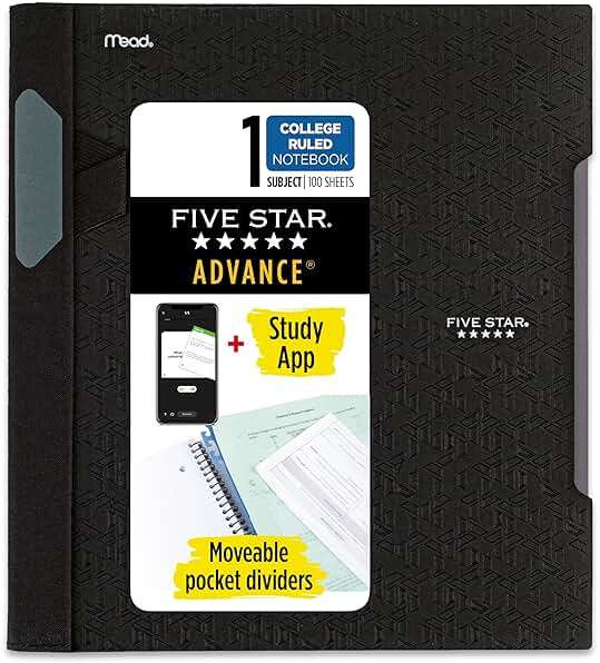 Five Star Advance Spiral Notebook + Study App, 1 Subject, College Ruled Paper, 8-1/2" x 11", 100 Sheets, Spiral Guard, Movable Tabbed Dividers, Black (820012A-ECM) - Image 1