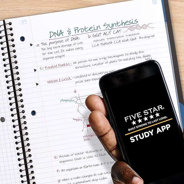 Five Star Advance Spiral Notebook + Study App, 1 Subject, College Ruled Paper, 8-1/2" x 11", 100 Sheets, Spiral Guard, Movable Tabbed Dividers, Black (820012A-ECM) - Image 4