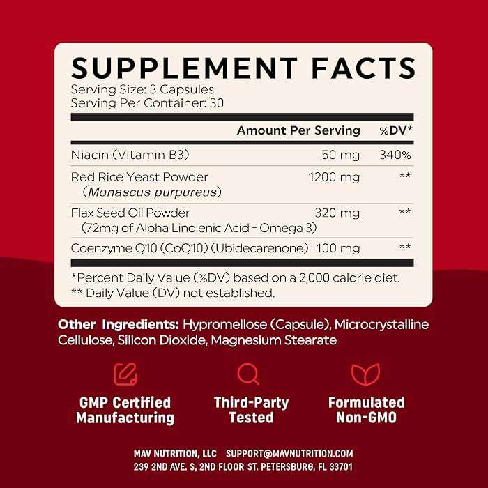 Red Yeast Rice with CoQ10 + Omega 3 for Healthy Cholesterol Support | 1200mg | Heart Health Support | Red Yeast Rice 1200 mg. Capsules | Non-GMO, Gluten-Free | Heart Health Supplements | 90 Ct - Image 6