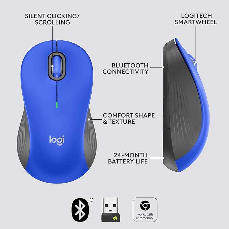 Logitech - Signature M550 L Full Size Bluetooth Ambidextrous Mouse with Silent Clicks - Wireless - Blue (Renewed) - Image 5
