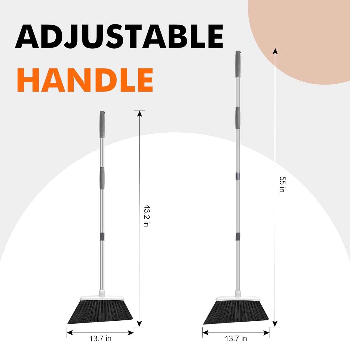 Heavy Duty Broom, 55 Inch Long Handle Outdoor Large Angle Brooms, Commercial Broom for Sweeping Indoor, for Home Garage Kitchen Office Courtyard Lobby Patio Lawn Concrete(Grey&White) - Image 2