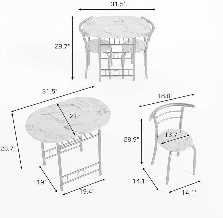 Shahoo 3-Piece Wooden Dining Table Set, Kitchen Breakfast Nook Sets with 2 Chairs & Round Tabletop, Space Saving Furniture Metal Frame and Built-in Wine Rack, Marble White - Image 2