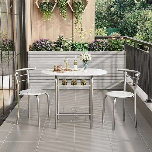 Shahoo 3-Piece Wooden Dining Table Set, Kitchen Breakfast Nook Sets with 2 Chairs & Round Tabletop, Space Saving Furniture Metal Frame and Built-in Wine Rack, Marble White - Image 4