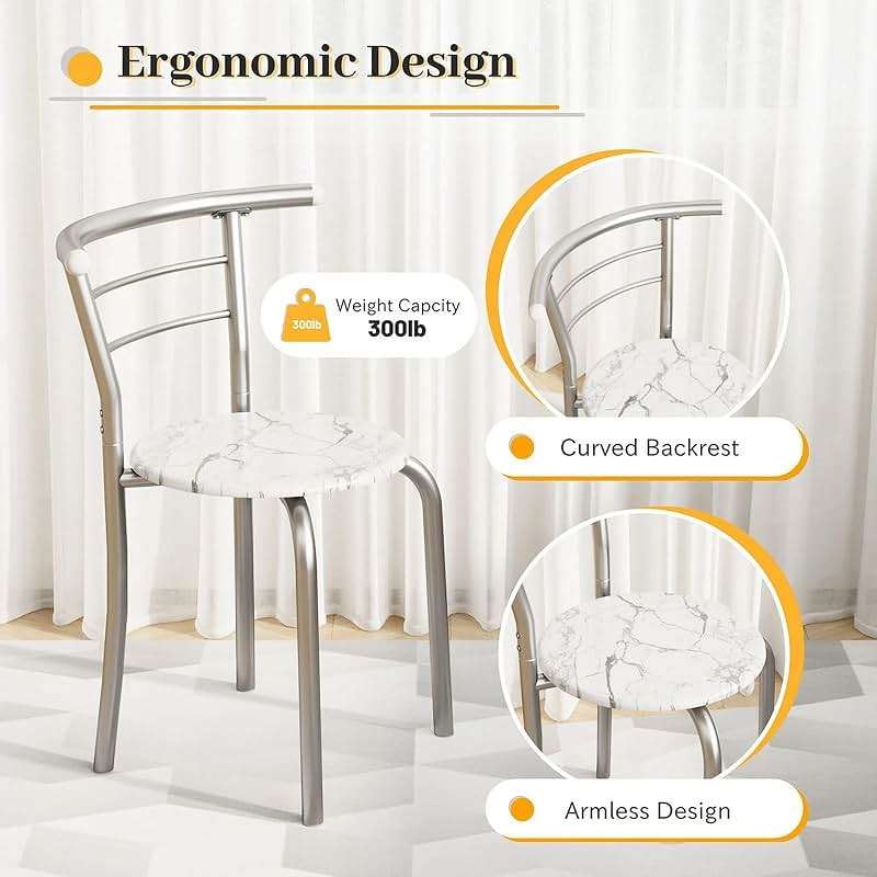 Shahoo 3-Piece Wooden Dining Table Set, Kitchen Breakfast Nook Sets with 2 Chairs & Round Tabletop, Space Saving Furniture Metal Frame and Built-in Wine Rack, Marble White - Image 6