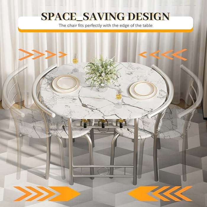 Shahoo 3-Piece Wooden Dining Table Set, Kitchen Breakfast Nook Sets with 2 Chairs & Round Tabletop, Space Saving Furniture Metal Frame and Built-in Wine Rack, Marble White - Image 7