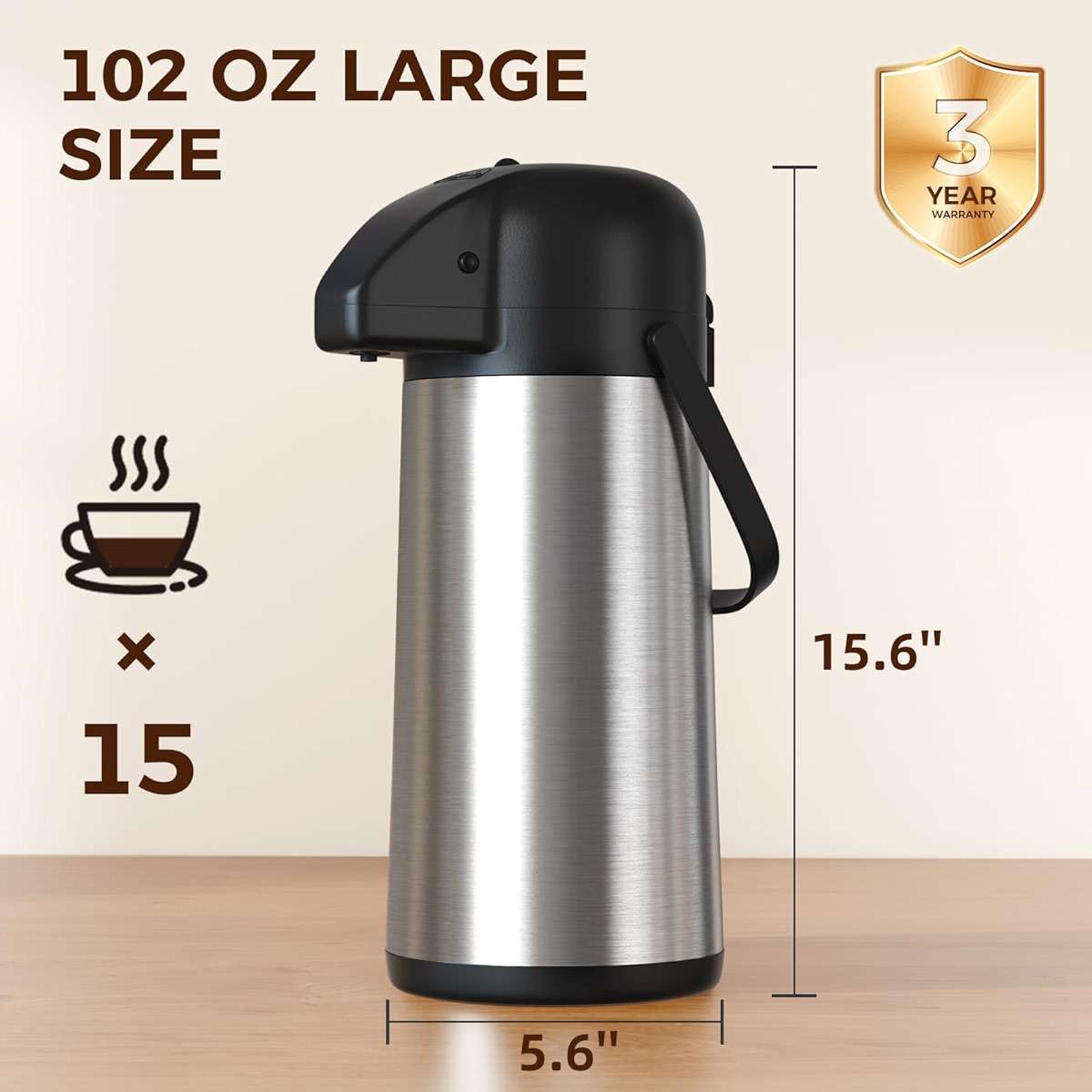 Coffee Carafe for Keeping Hot - Gezoss 102OZ / 3L Airpot Coffee Dispenser with Pump - Large Coffee Carafe for Hot Drinks Tea Liquid - Insulated Stainless Steel Hot Water Beverage Urn for Parties - Image 3