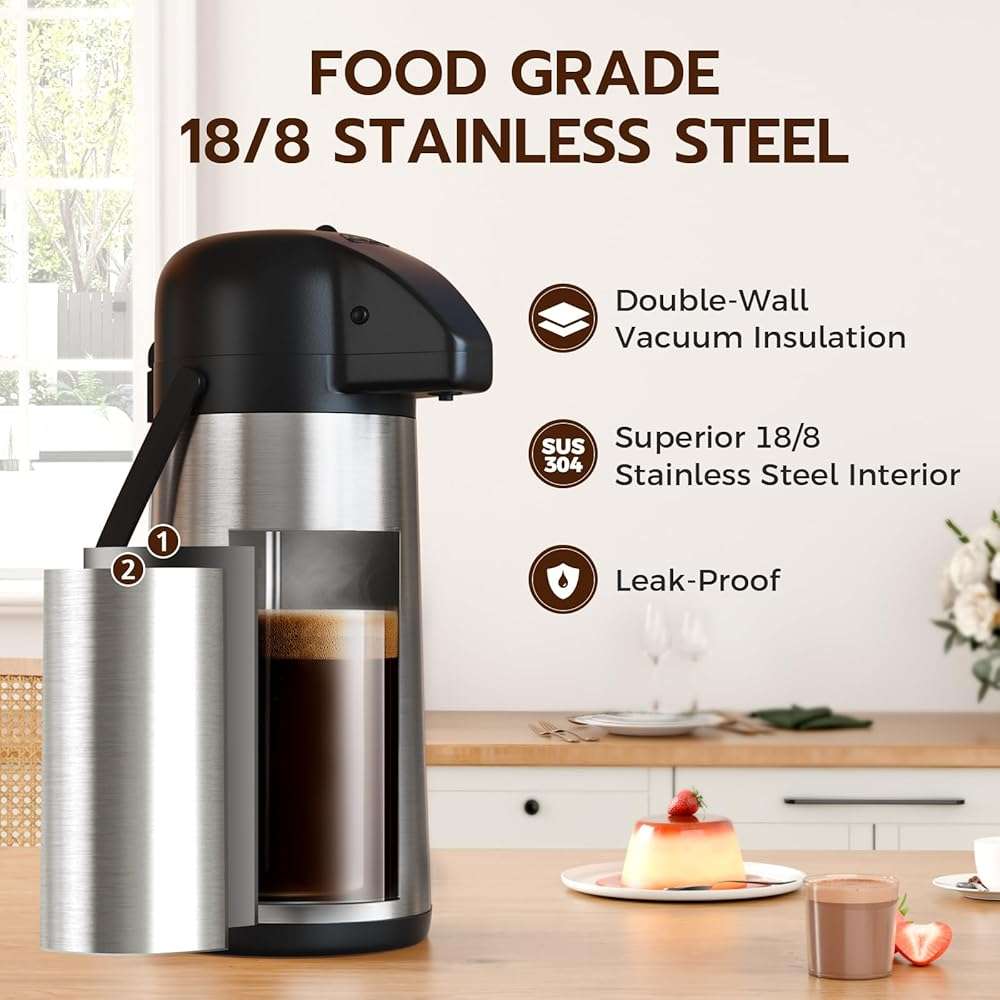 Coffee Carafe for Keeping Hot - Gezoss 102OZ / 3L Airpot Coffee Dispenser with Pump - Large Coffee Carafe for Hot Drinks Tea Liquid - Insulated Stainless Steel Hot Water Beverage Urn for Parties - Image 4