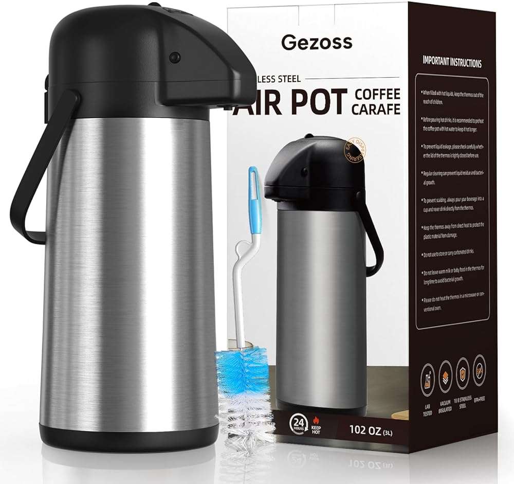 Coffee Carafe for Keeping Hot - Gezoss 102OZ / 3L Airpot Coffee Dispenser with Pump - Large Coffee Carafe for Hot Drinks Tea Liquid - Insulated Stainless Steel Hot Water Beverage Urn for Parties - Image 9
