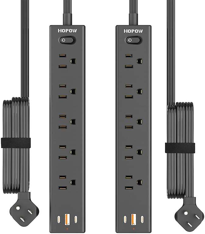 HOPOW Power Strip Surge Protector, 2 Pack, 10 Ft Ultra Thin Flat Extension Cord, Surge Protector with 5 Outlets & 3 USB Ports (2 USB C), 1700 Joules, 3-Prong, Wall Mount for Home Office Dorm, Black - Image 1
