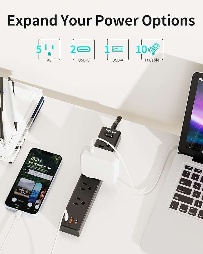 HOPOW Power Strip Surge Protector, 2 Pack, 10 Ft Ultra Thin Flat Extension Cord, Surge Protector with 5 Outlets & 3 USB Ports (2 USB C), 1700 Joules, 3-Prong, Wall Mount for Home Office Dorm, Black - Image 3