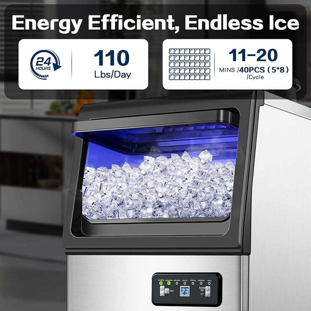 Zomagas Commercial Ice Maker Machine 110LBS/24H, Undercounter or Freestanding Ice Machine with 22LBS Storage Bin, Stainless Steel Self-Cleaning for Home, Bar, Restaurant, Coffee Shop - Image 2