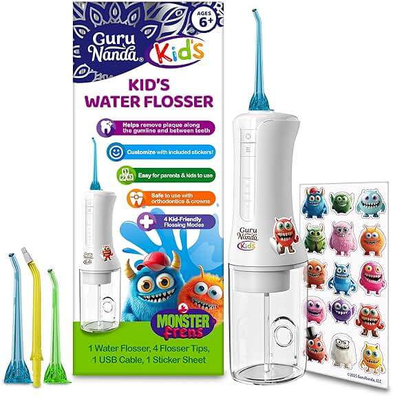 GuruNanda Kids Water Flosser – Portable Oral Irrigator for Children Ages 6+, 4 Gentle Modes, 4 Nozzles, 2-Min Smart Timer, Cordless, BPA-Free, Monster Frens Theme Kids Floss for Braces, Sensitive Gums - Image 1