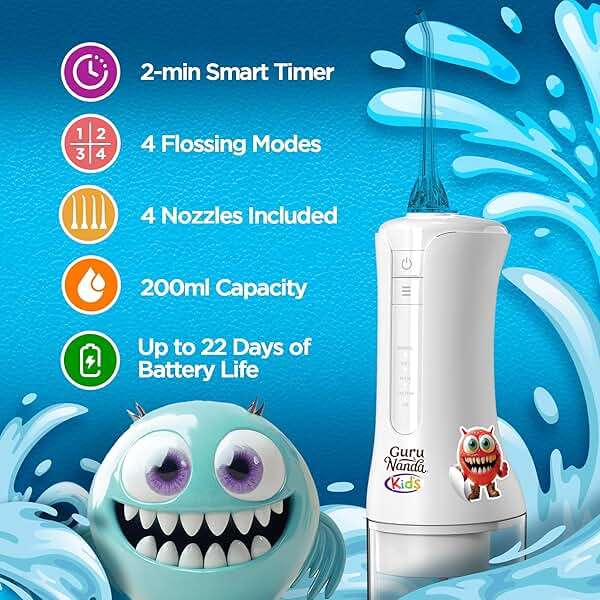 GuruNanda Kids Water Flosser – Portable Oral Irrigator for Children Ages 6+, 4 Gentle Modes, 4 Nozzles, 2-Min Smart Timer, Cordless, BPA-Free, Monster Frens Theme Kids Floss for Braces, Sensitive Gums - Image 2