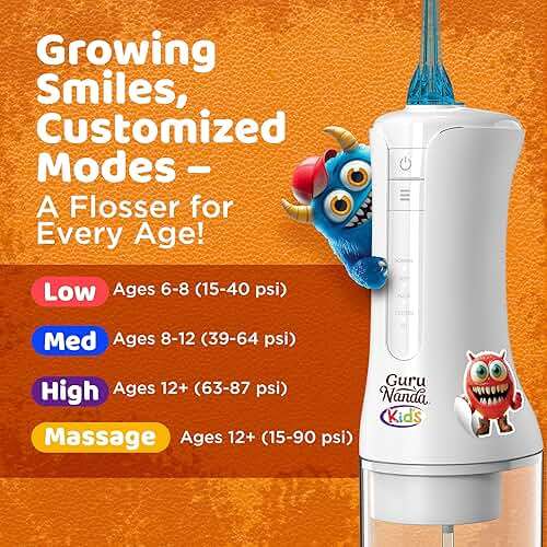 GuruNanda Kids Water Flosser – Portable Oral Irrigator for Children Ages 6+, 4 Gentle Modes, 4 Nozzles, 2-Min Smart Timer, Cordless, BPA-Free, Monster Frens Theme Kids Floss for Braces, Sensitive Gums - Image 3