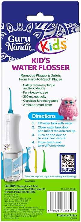 GuruNanda Kids Water Flosser – Portable Oral Irrigator for Children Ages 6+, 4 Gentle Modes, 4 Nozzles, 2-Min Smart Timer, Cordless, BPA-Free, Monster Frens Theme Kids Floss for Braces, Sensitive Gums - Image 9