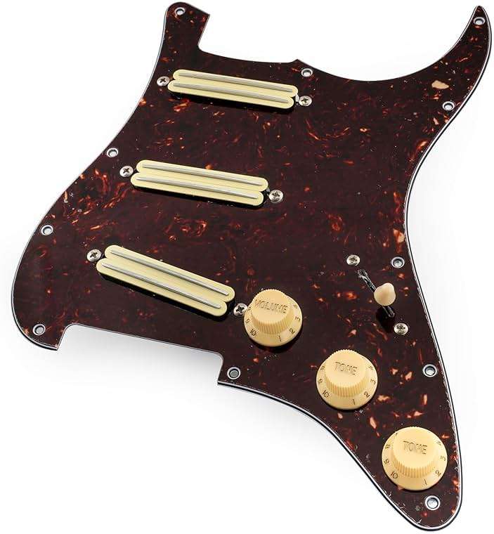 Musiclily Pro-SE ST-DPHA Pre-wired SSS Pickguard with Alnico 5 Mini Rail Humbucker for Strat Style Electric Guitar, 4Ply Tortoise Shell - Image 6